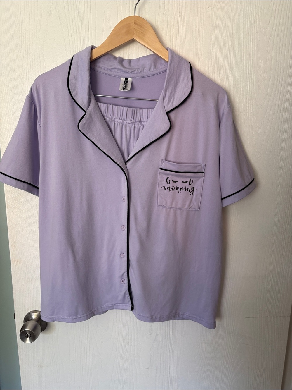 Lavender Short Sleeve Pajama Top and Shorts with Contrast Piping - Good Morning